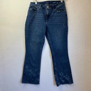 j jill denim jeans women 4 Kick Flare ankle raw hem distressed stretch med wash‎